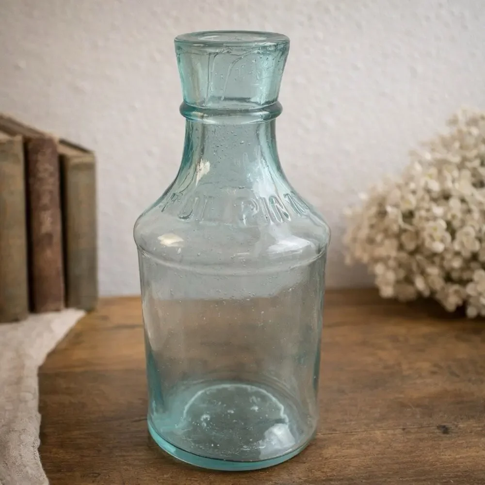 Antique Aqua Glass Full Pint Bottle Embossed U S A Hand Blown Utility Jar